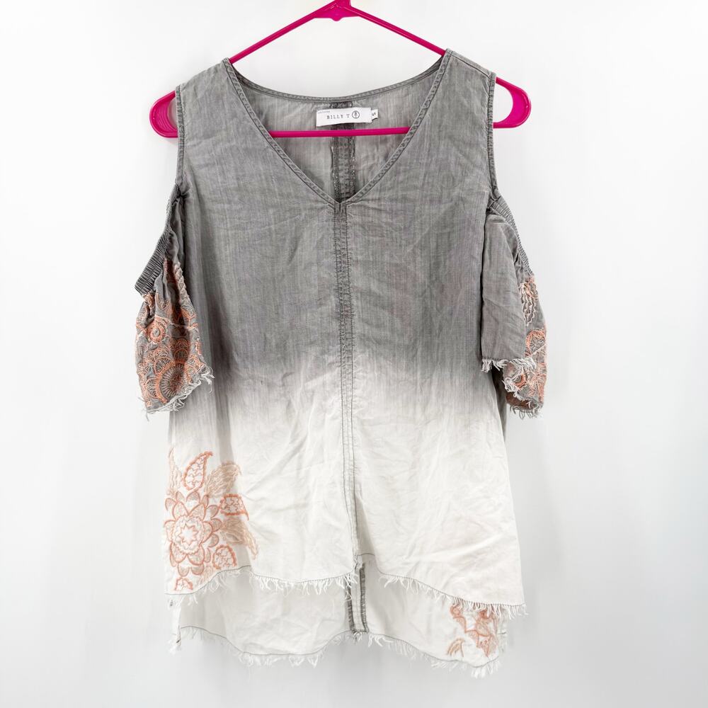 Billy T Top Women's Small Cold Shoulder Ombre Dip Dye Coral Floral Embroidery